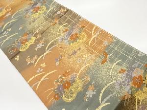 横段に花車・蝶・雪芝模様織出し袋帯